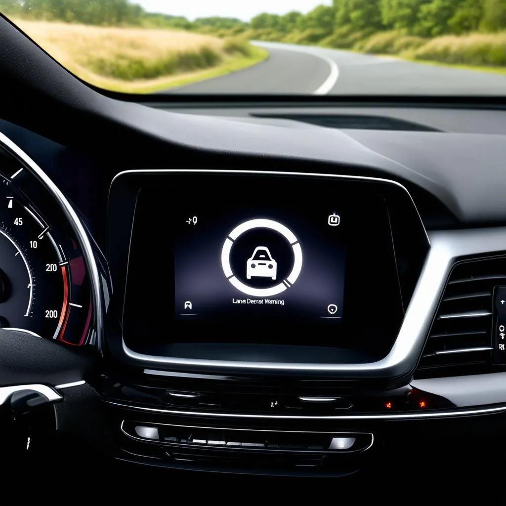 A car dashboard displaying lane departure warning activation