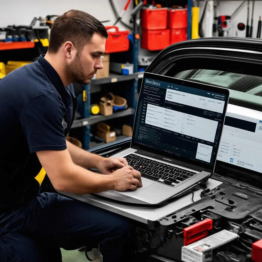 Mercedes Technician Working on a Car