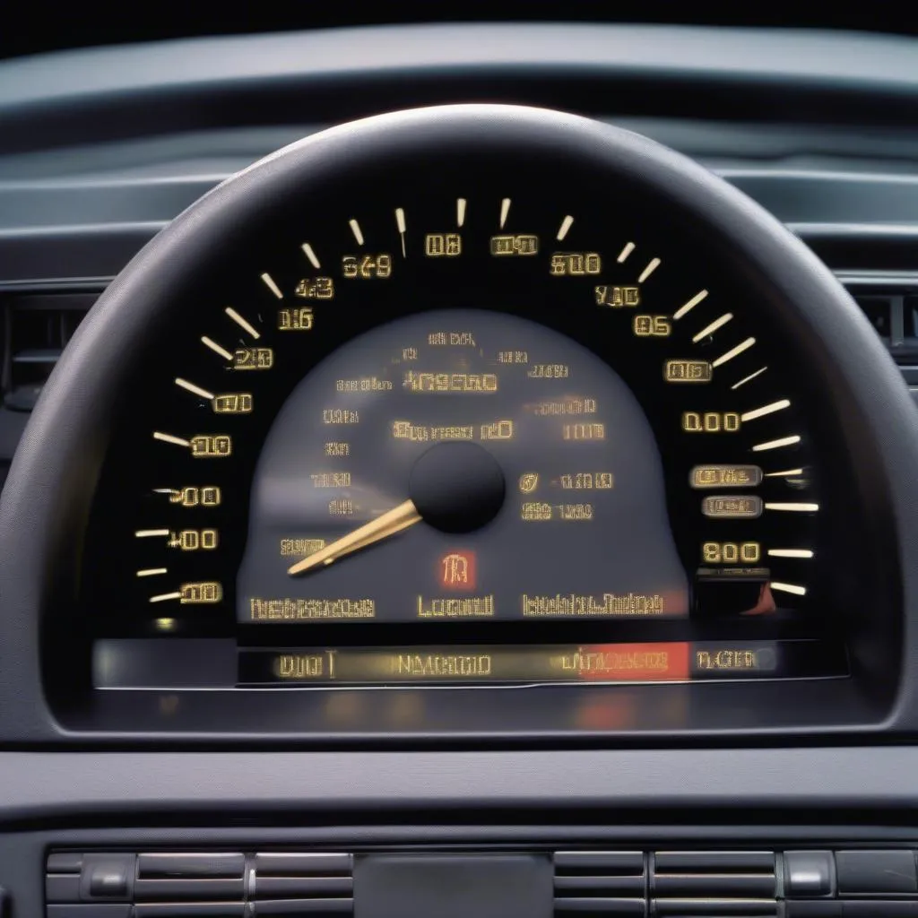 Dashboard of a 1994 Mercedes E320 with the check engine light illuminated