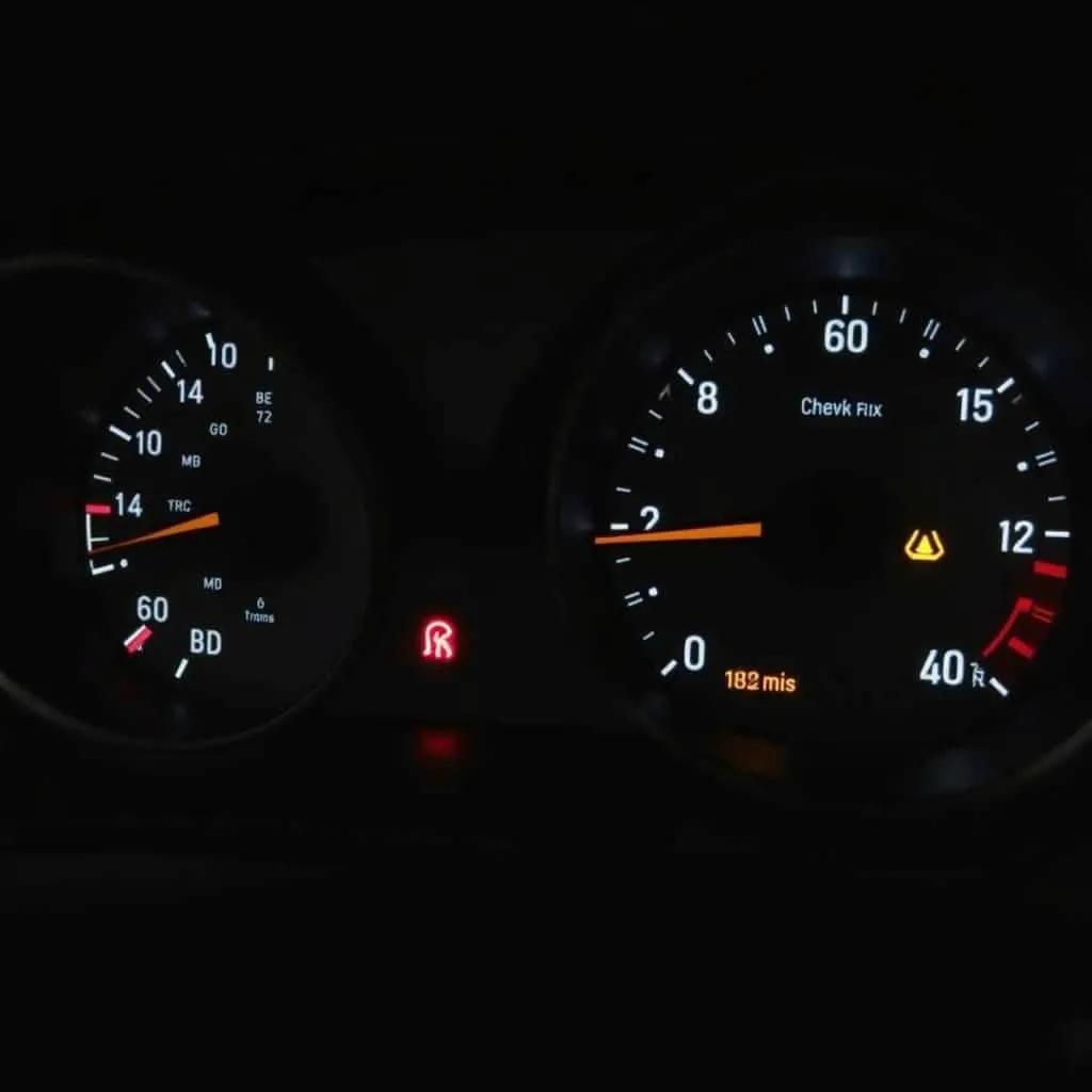 Car dashboard with check engine light and transmission warning light illuminated