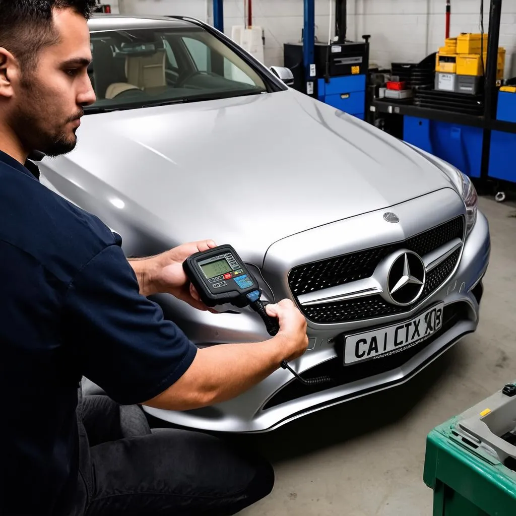 Mechanic connecting a diagnostic tool to a Mercedes-Benz car