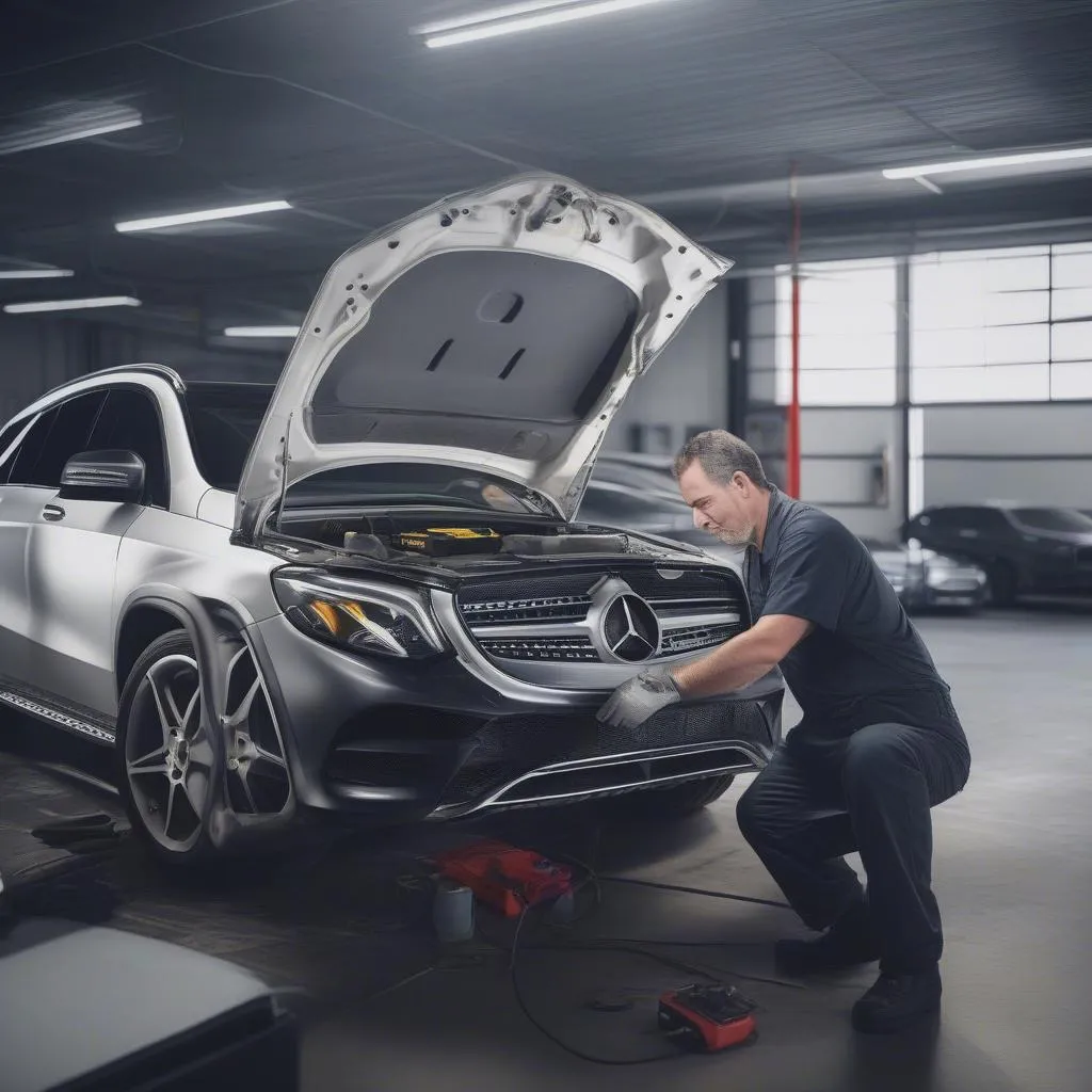 Mechanic using an OBD scanner on a Mercedes Benz