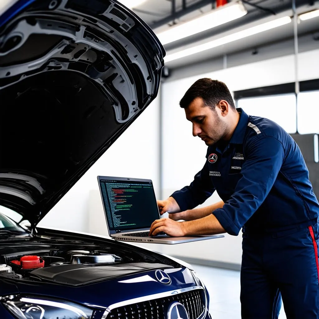 Mechanic diagnosing a Mercedes using a laptop