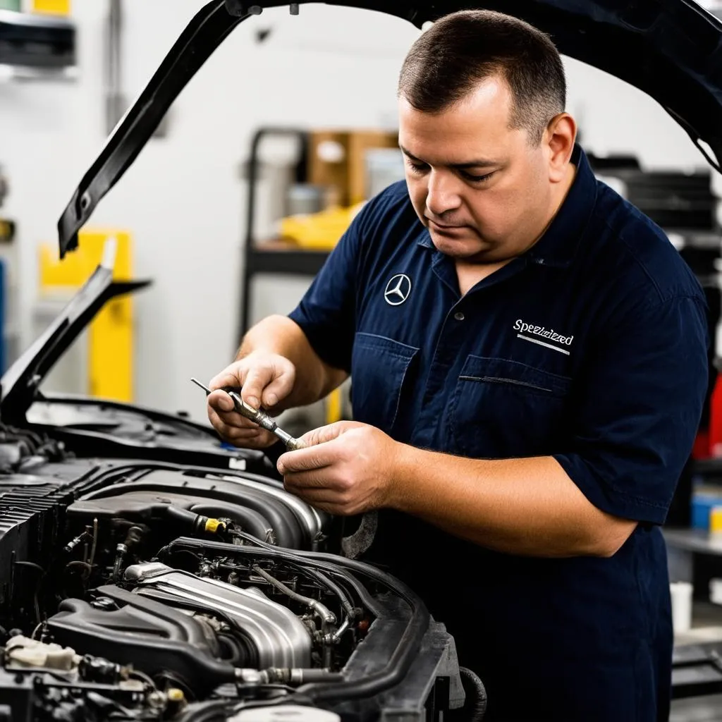 Mechanic Working on Mercedes Benz Engine