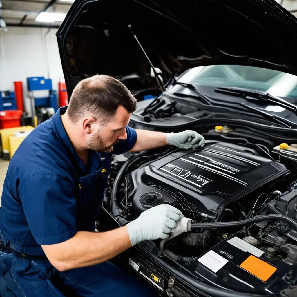 Mechanic working on a Mercedes-Benz engine