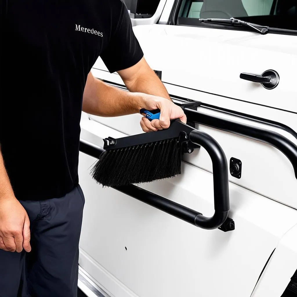 Mechanic using a Mercedes brush guard tool