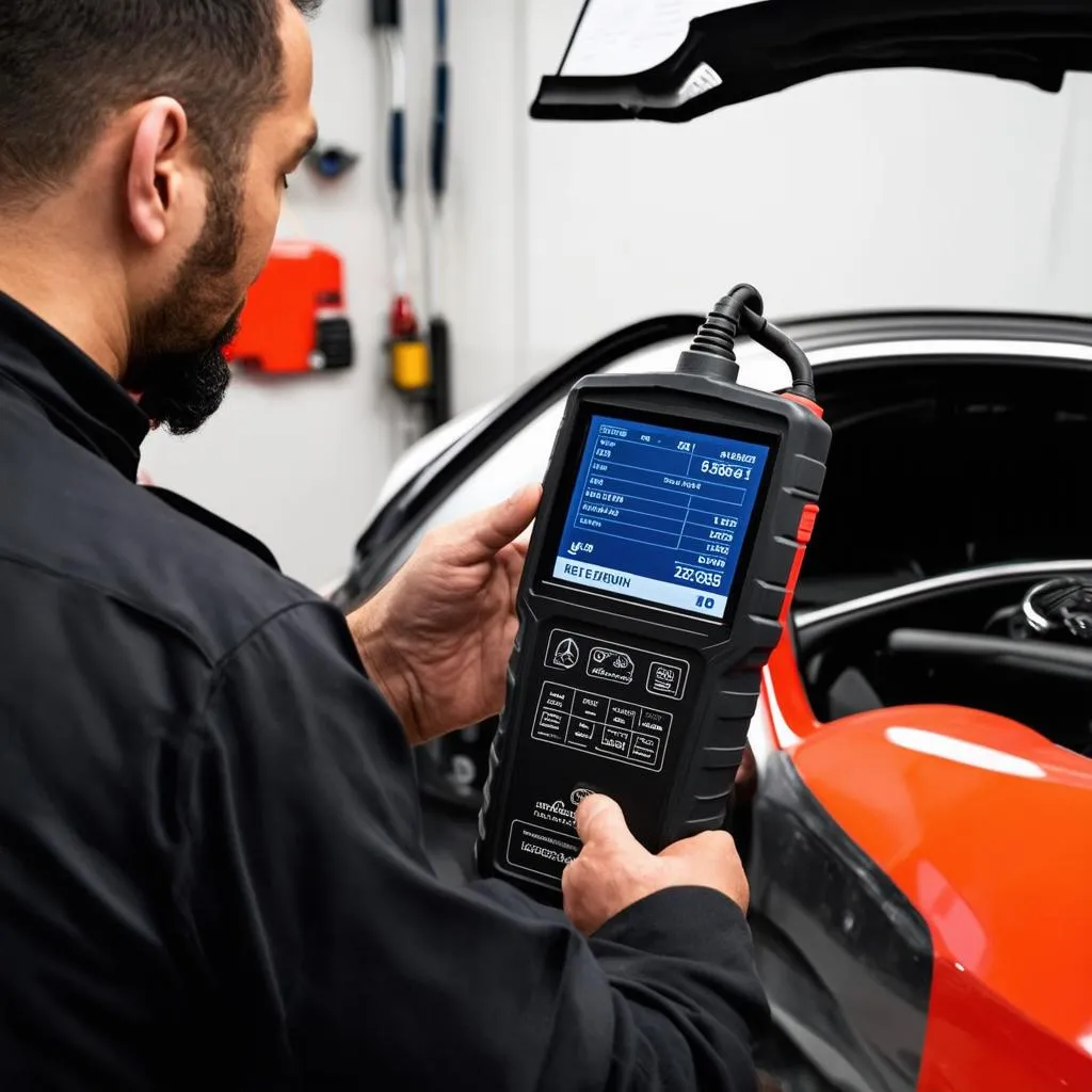 Mechanic using a diagnostic tool to troubleshoot a Mercedes-Benz in a workshop.