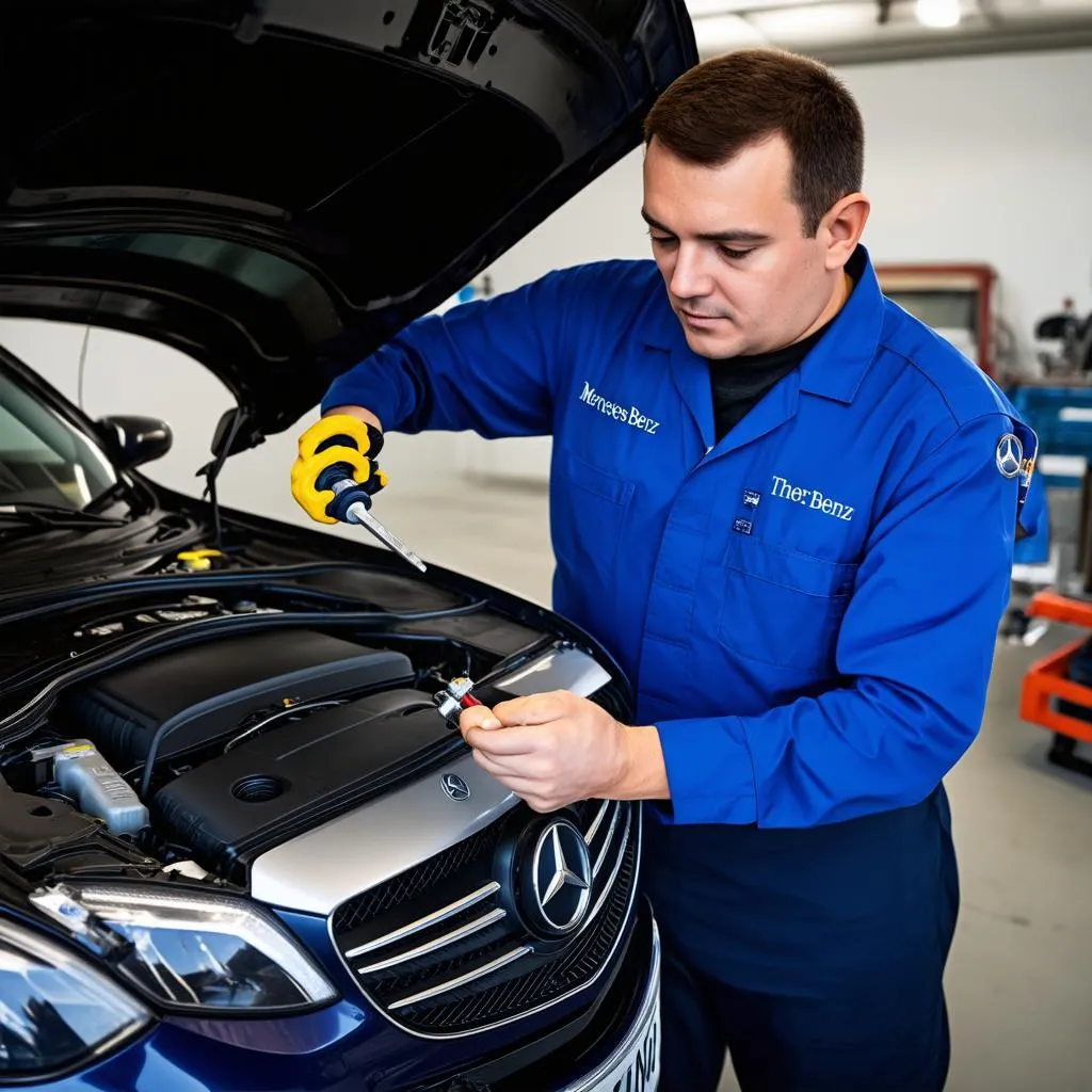 Mercedes Technician Using Specialized Tool