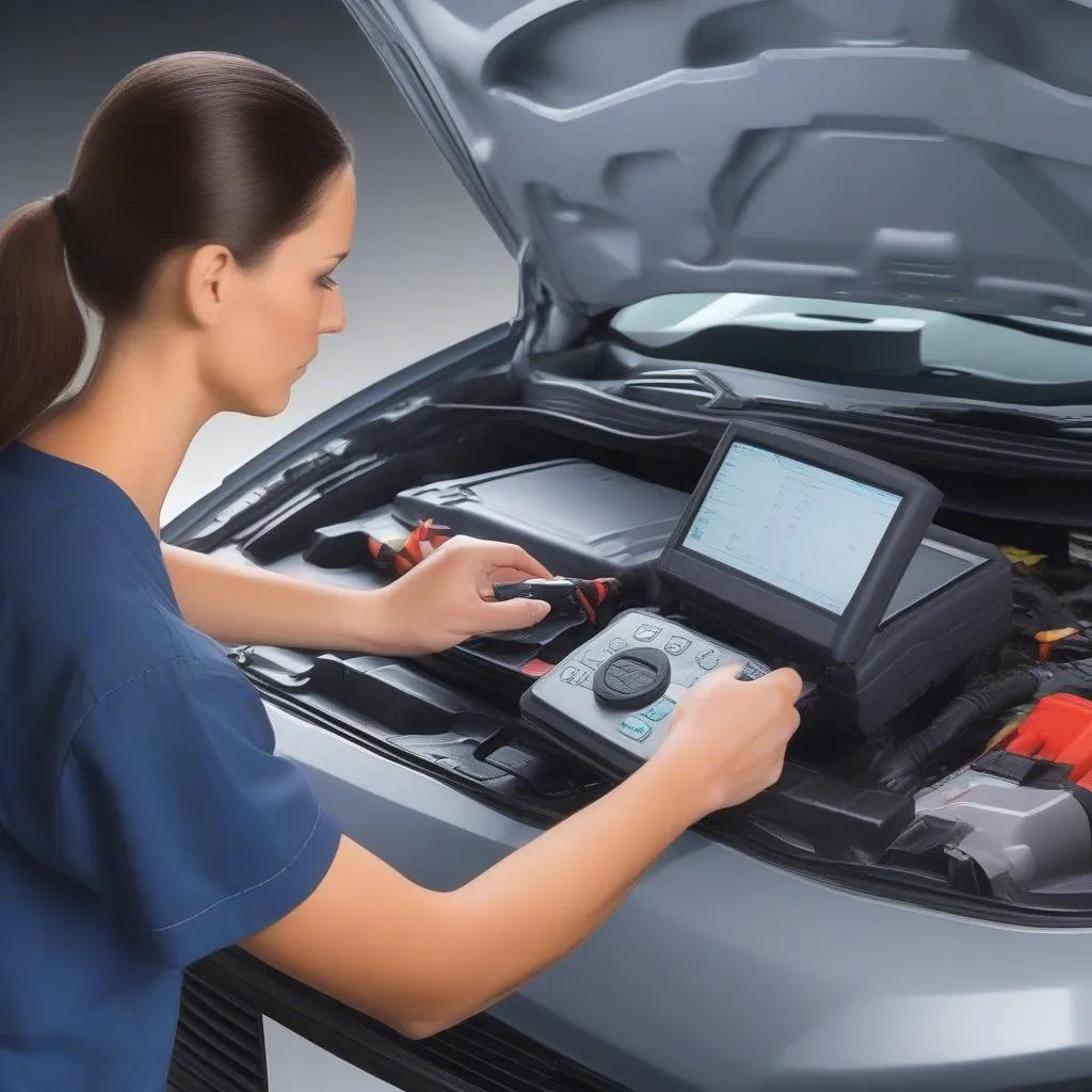 Automotive diagnostic scanner plugged into a car's OBD-II port