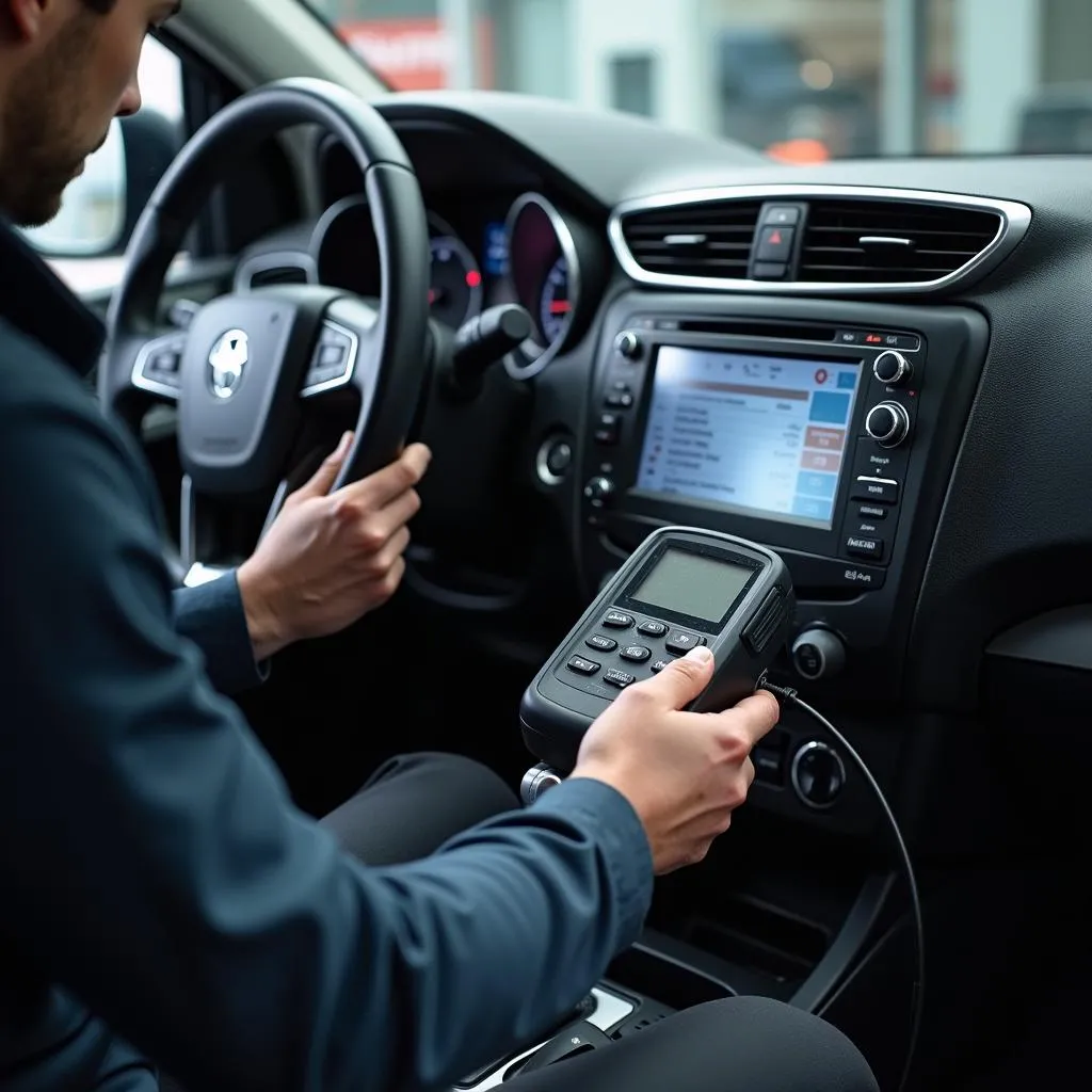 Automotive electronics specialist working on a car