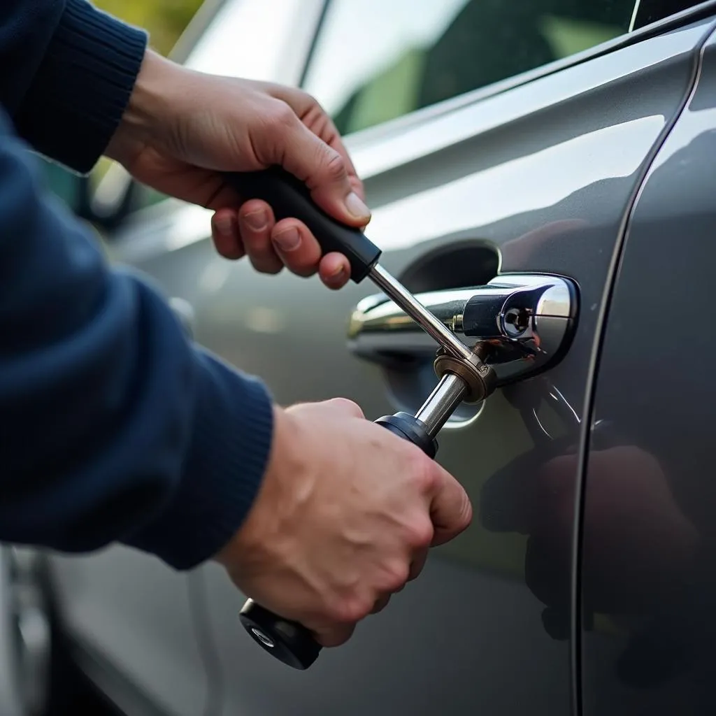 Automotive Locksmith Working on Car Door