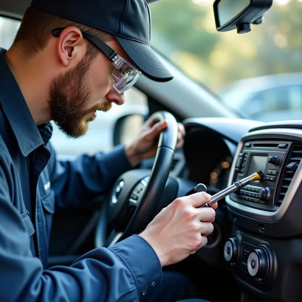 Automotive locksmith using tools to repair a car radio