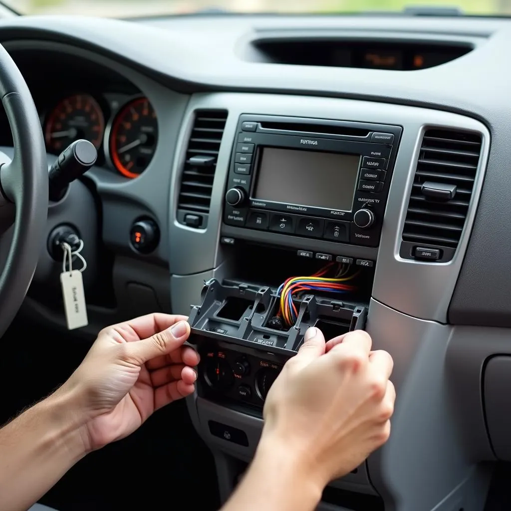 Bluetooth car radio installation in progress