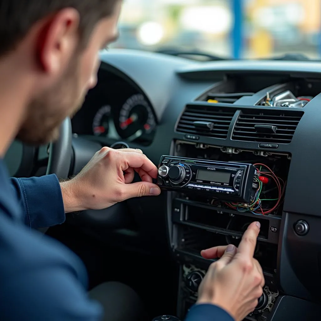 Car audio technician installing a Bluetooth radio