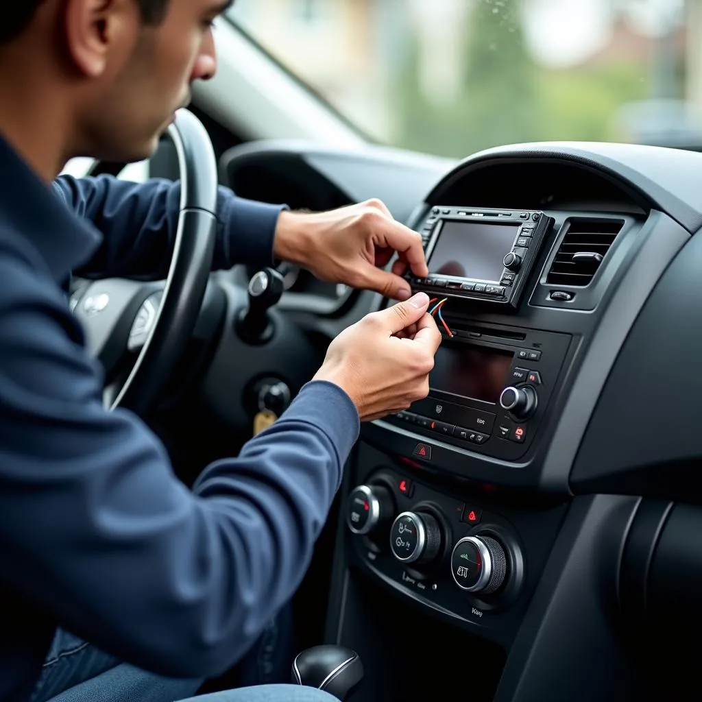 Car audio technician installing a Bluetooth radio