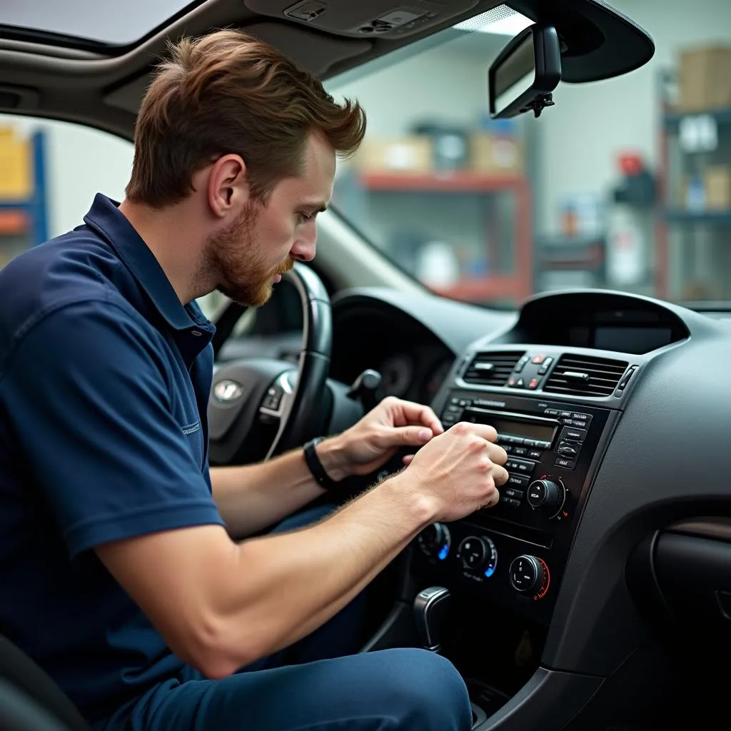 Car Audio Technician Working on Car Radio