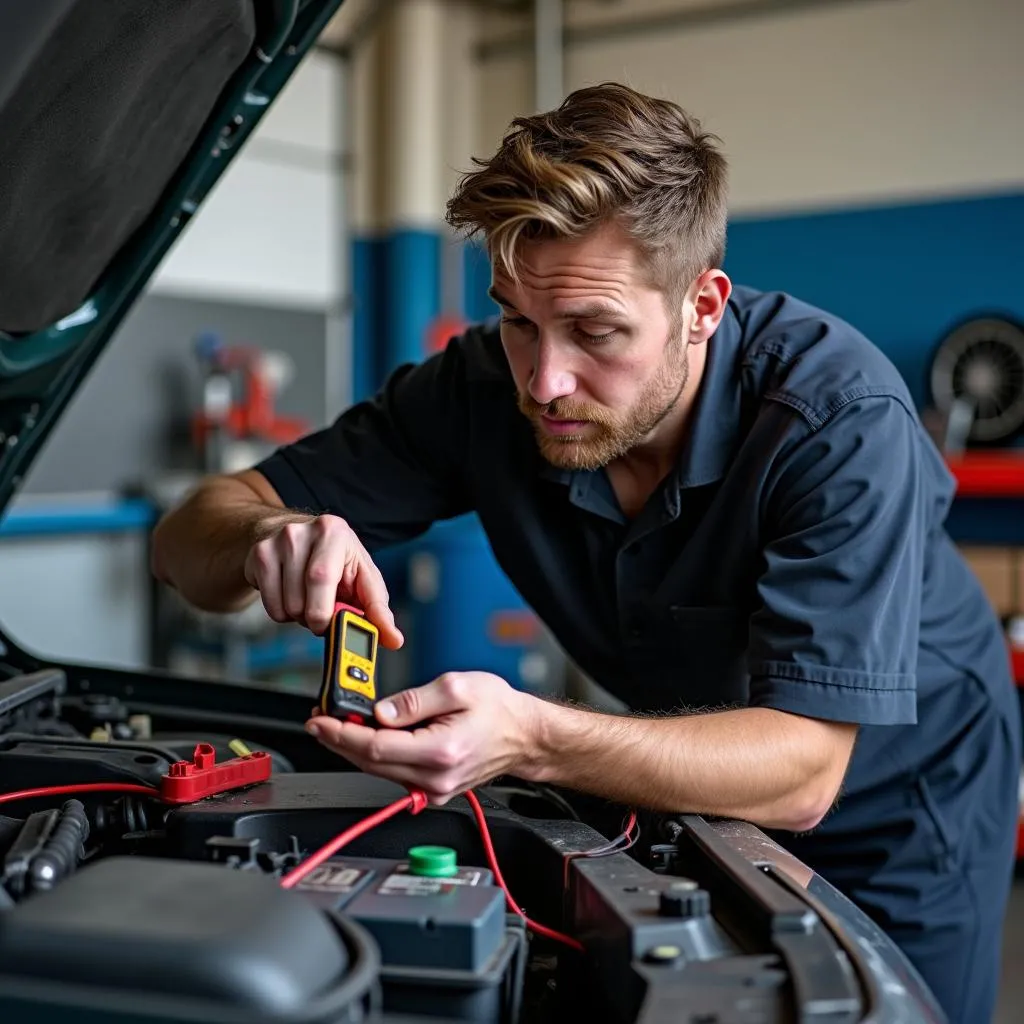 Mechanic inspecting car battery with multimeter