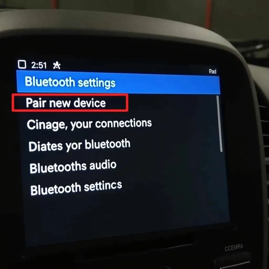 Bluetooth settings menu on a car infotainment system