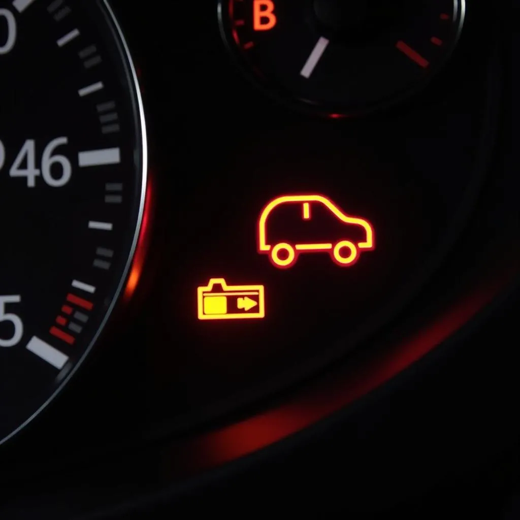 Car dashboard with warning lights illuminated