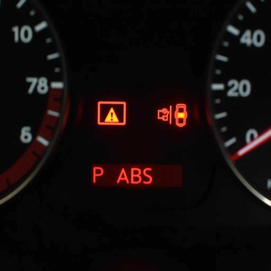 Car dashboard with warning lights illuminated