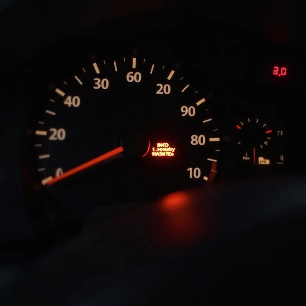 Car dashboard with warning lights illuminated