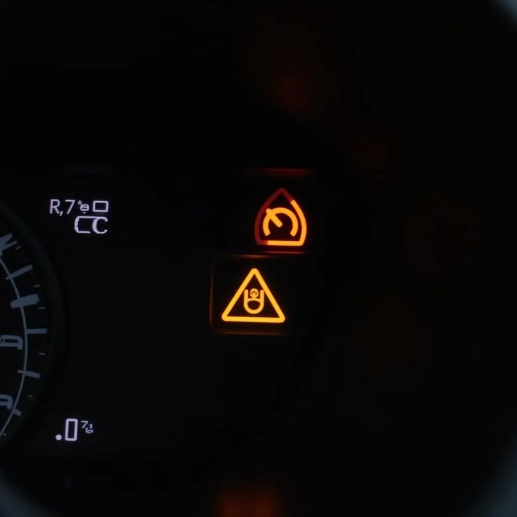 Car dashboard with warning lights flashing