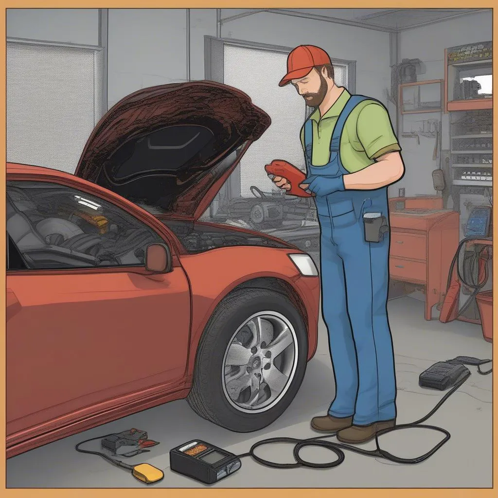 Mechanic using a car diagnostic tool