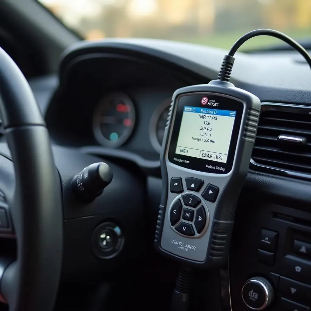 Car diagnostic tool plugged into a car's OBD-II port