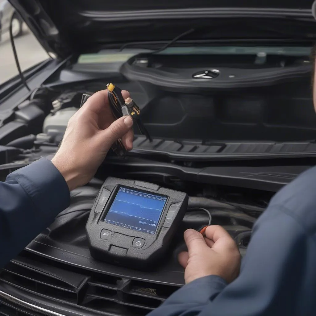 Car diagnostic tool connected to OBD port