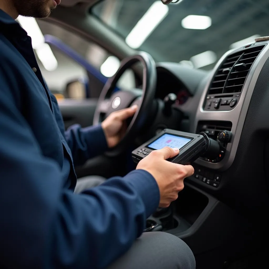 Mechanic using a car diagnostic tool 