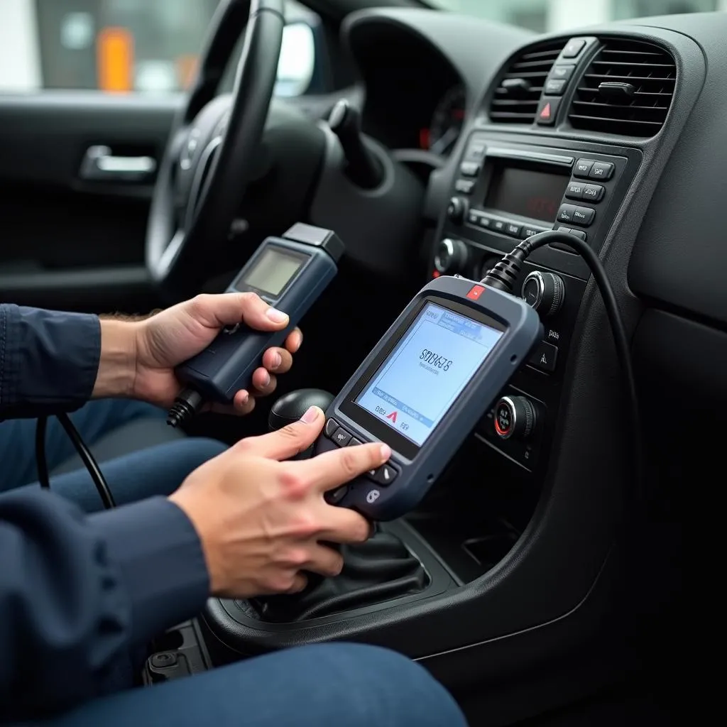 Mechanic using OBD-II scanner on Pontiac G6