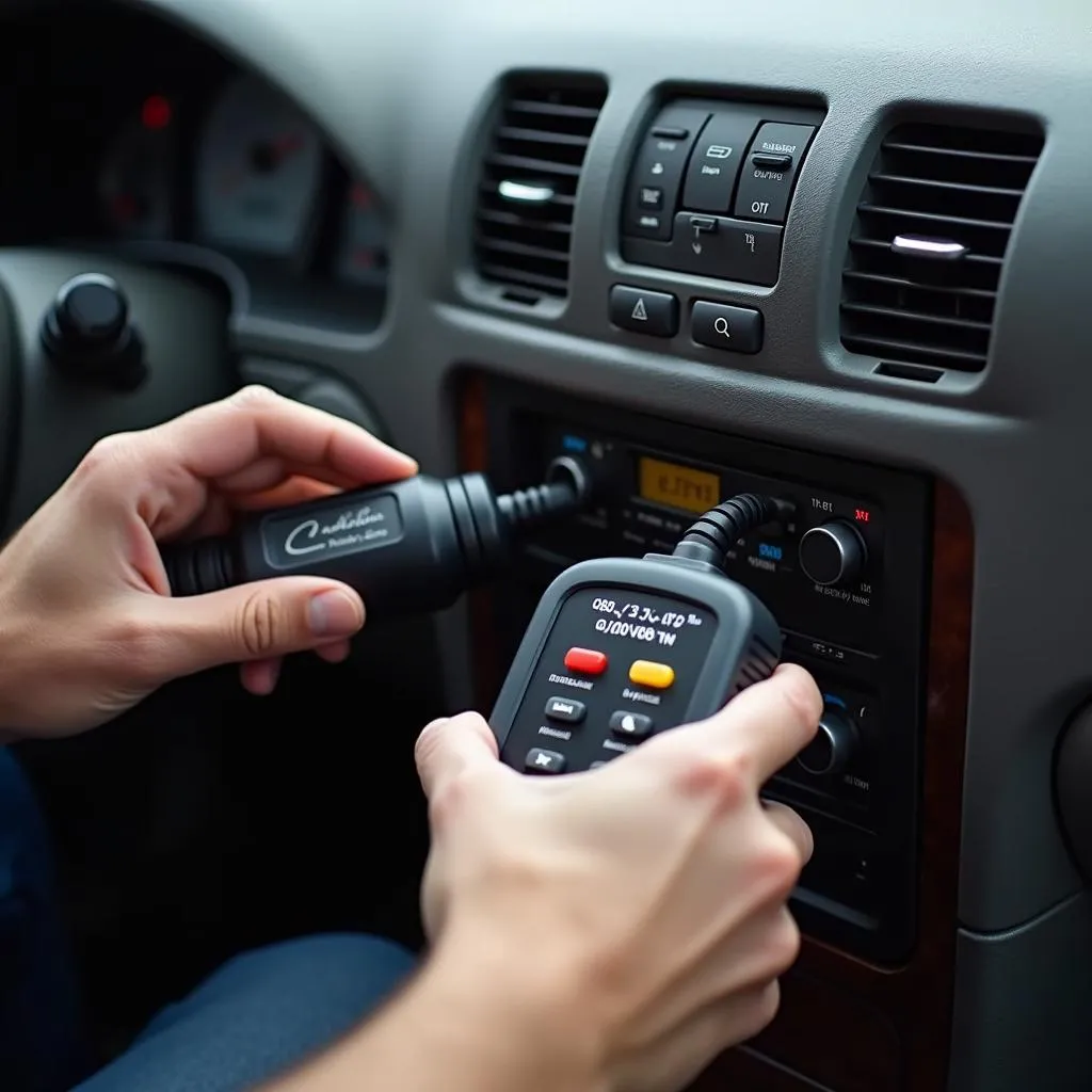 Mechanic using a car diagnostic tool