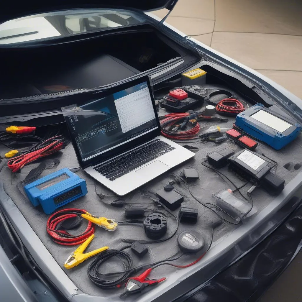 Various car diagnostic tools connected to a car's computer system