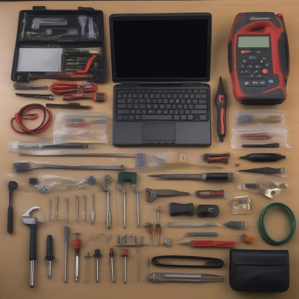 Various car diagnostic tools arranged on a workbench