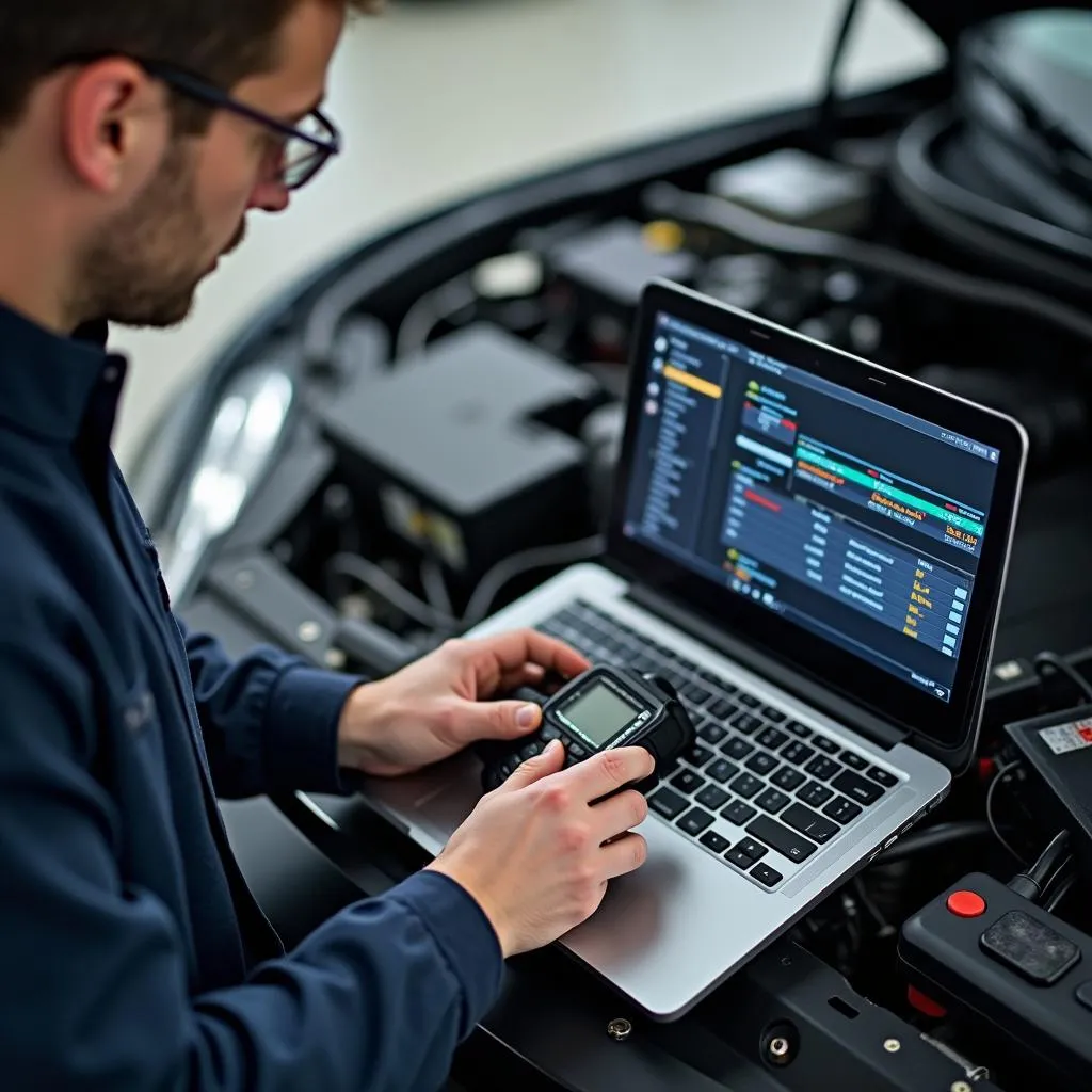 Mechanic Using Diagnostic Tools on a Car