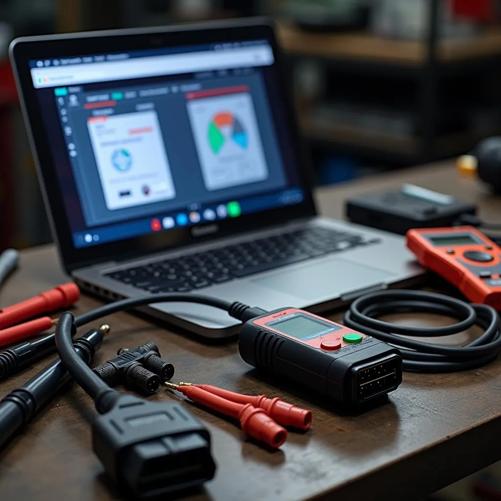 Assortment of car diagnostic tools and a laptop