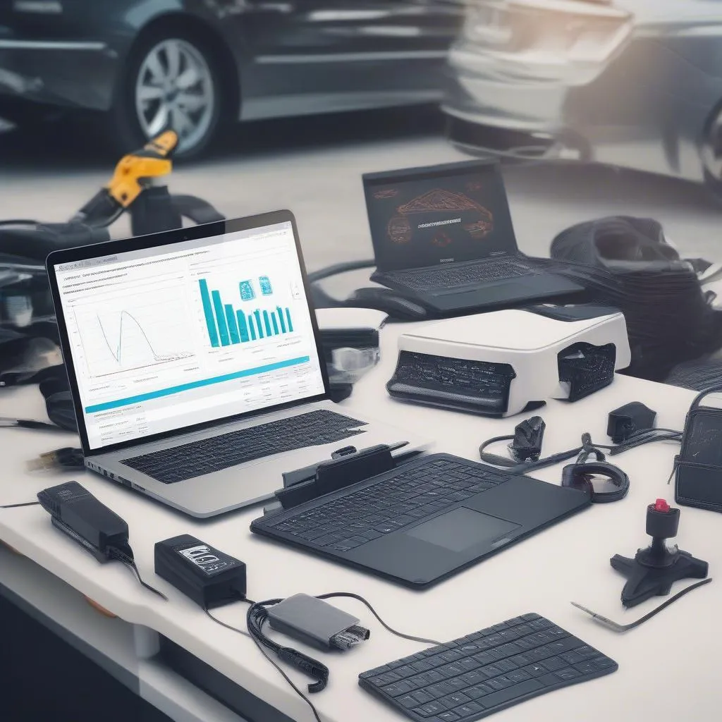 Car diagnostic equipment and a laptop, symbolizing remote car troubleshooting