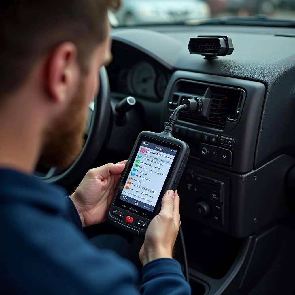 Mechanic using diagnostic tool on a car