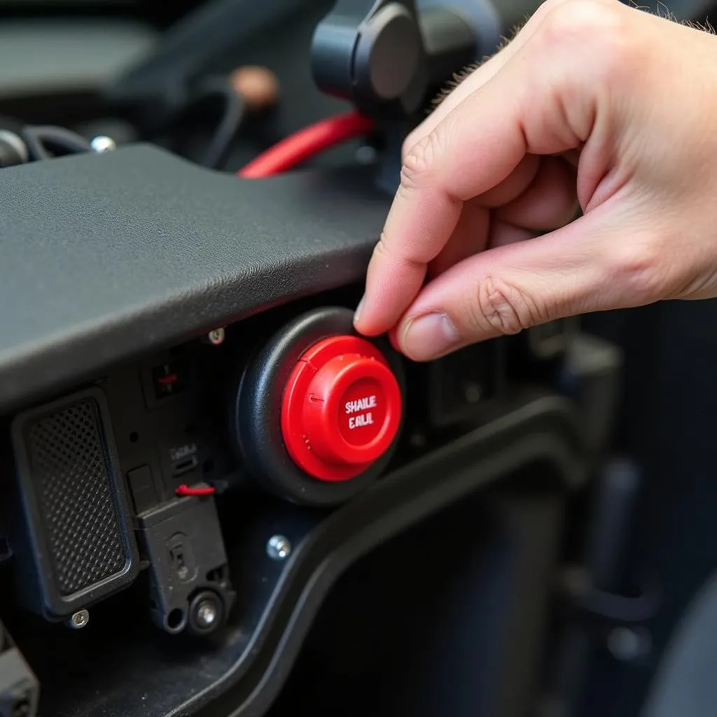 Close up of a car engine kill switch being installed.