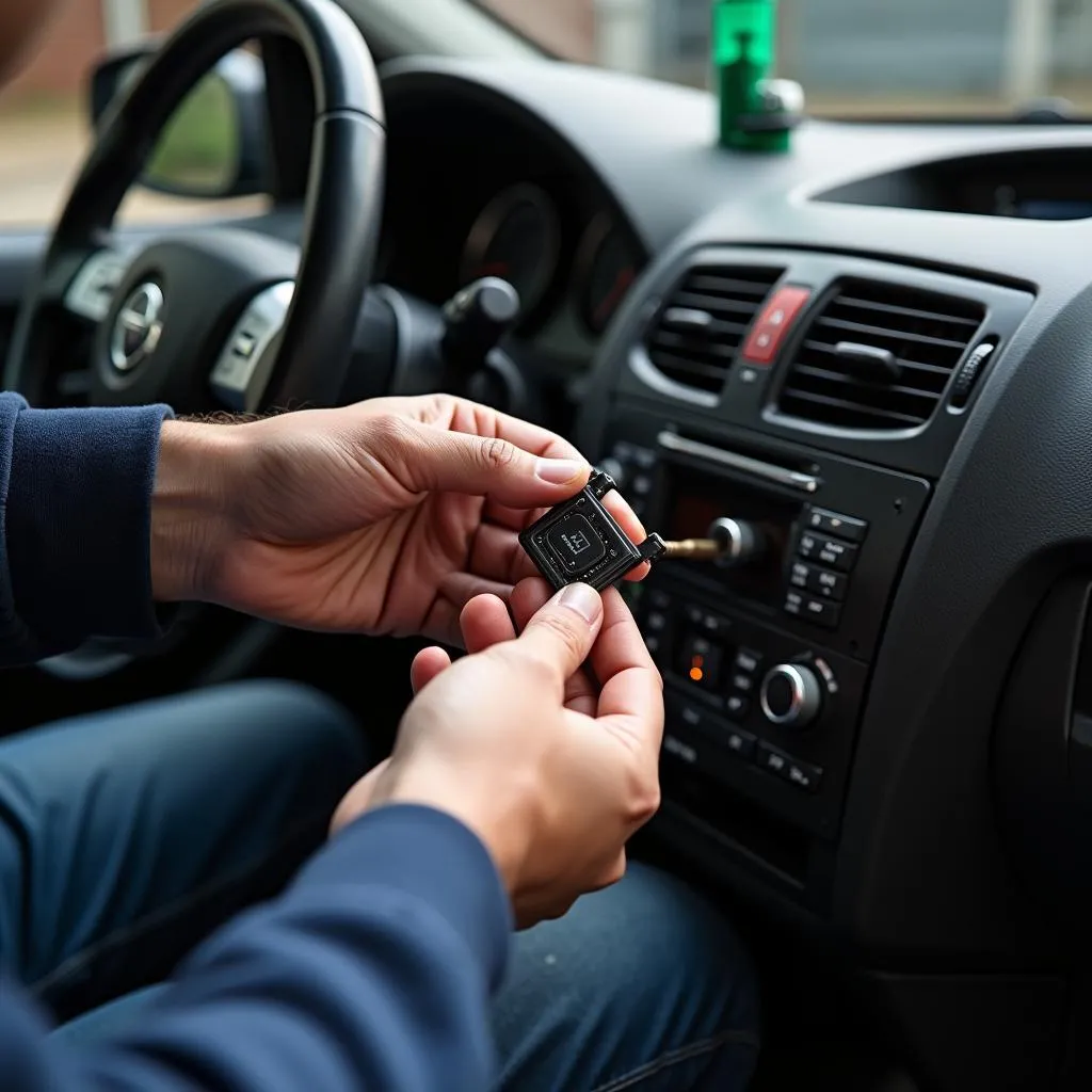 Close-up of mechanic hands replacing a car ignition switch