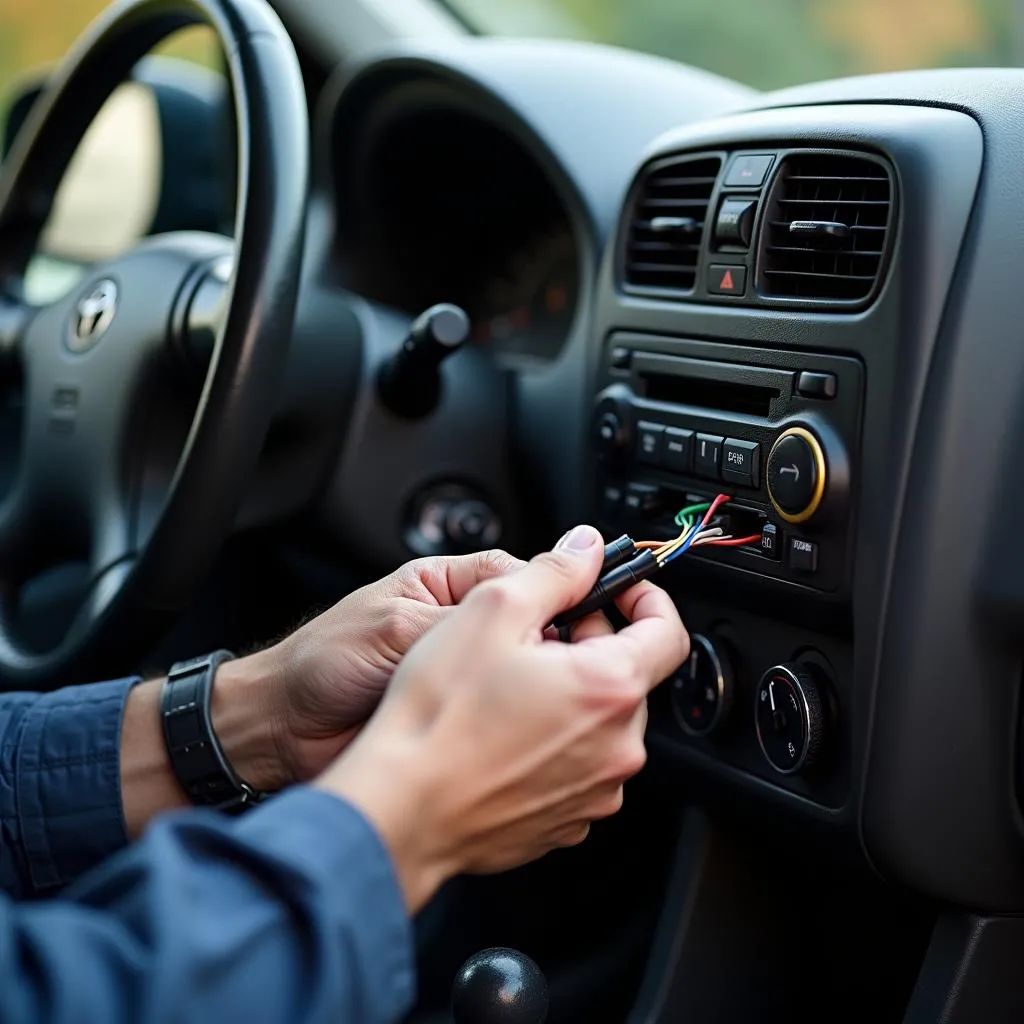 Close-up of a technician installing a car immobilizer