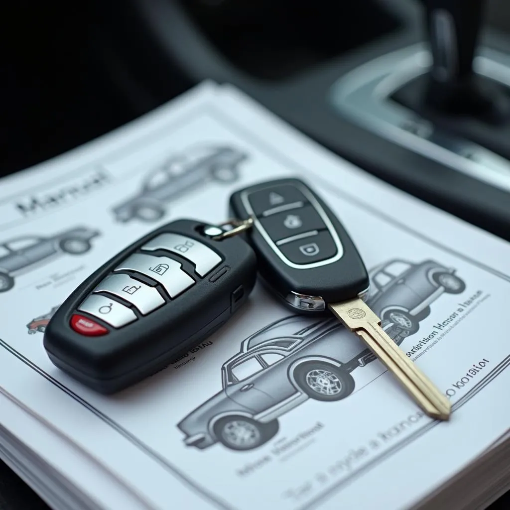 Car key and fob resting on owner's manual