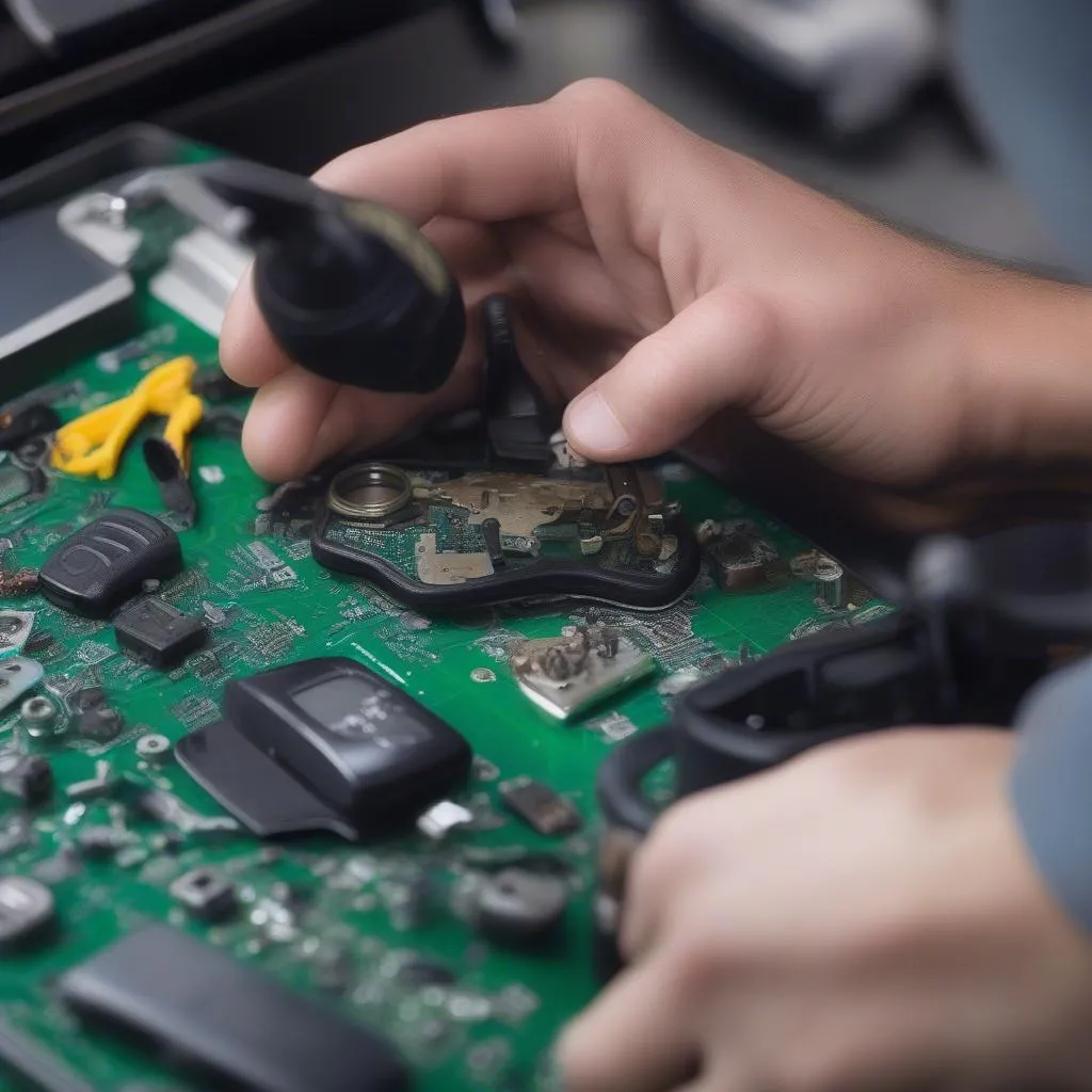 Car key fob being repaired