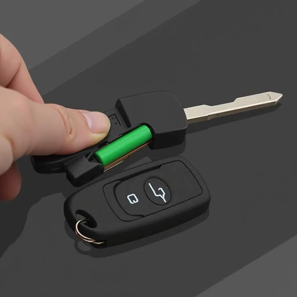 Car key fob with new battery being inserted