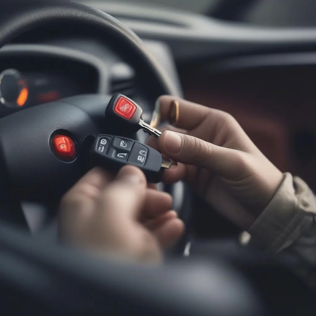 A car key inserted into the ignition