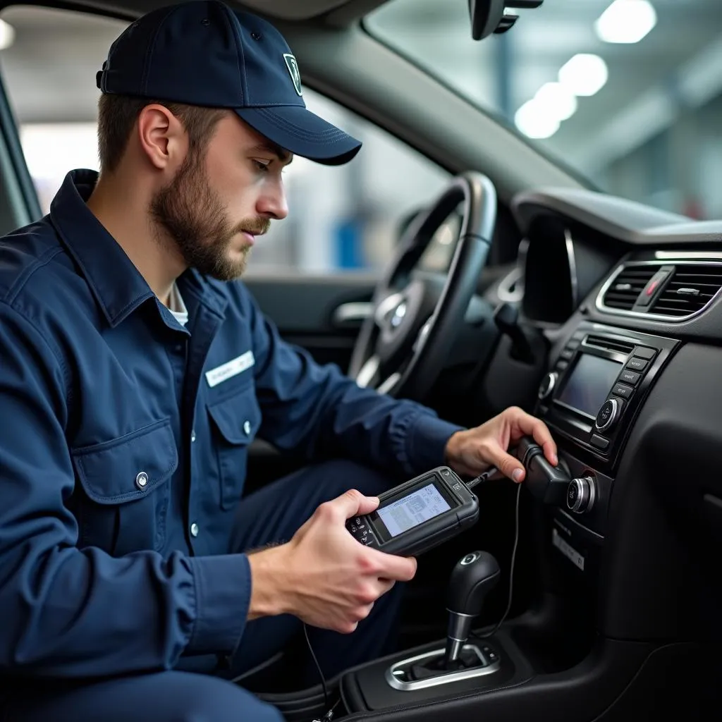 Mechanic diagnosing car electrical issue