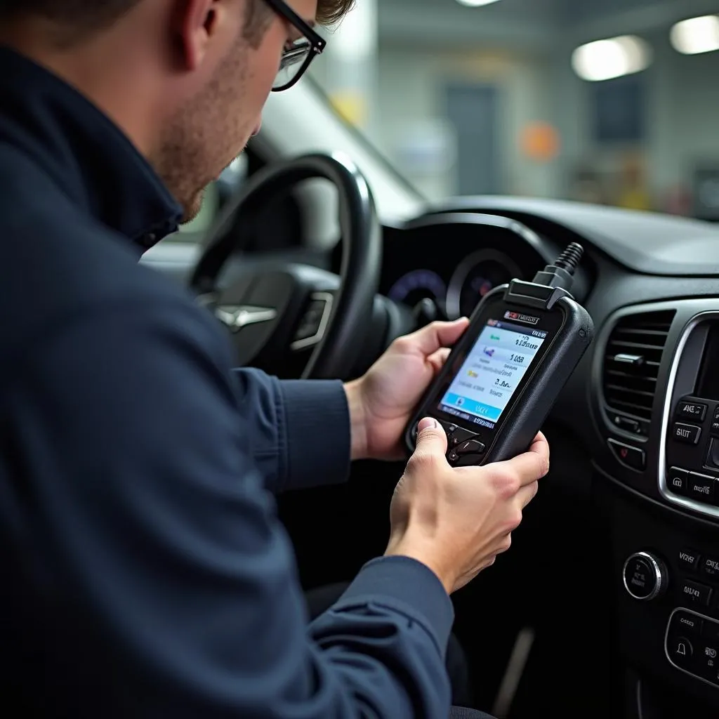 Mechanic using diagnostic tool on car