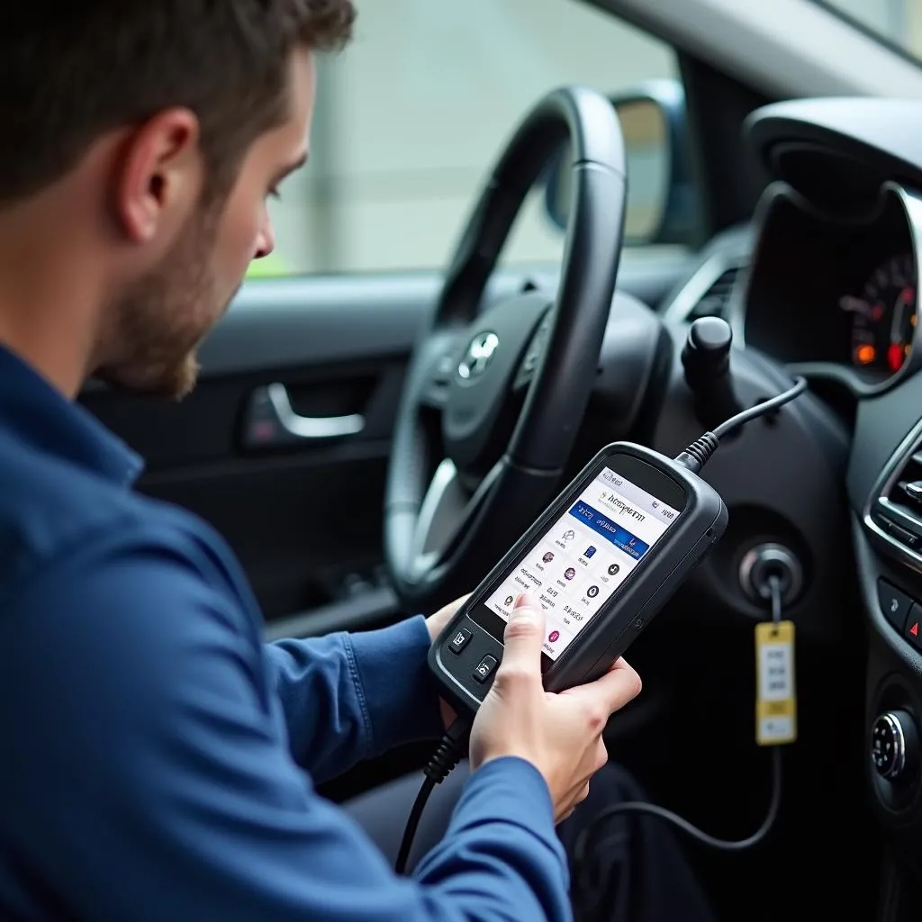 Car mechanic inspecting vehicle electronics