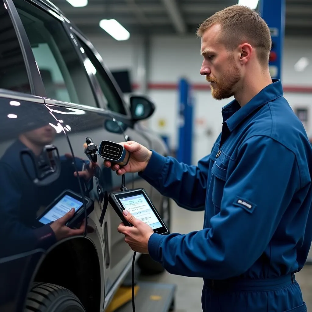 Mechanic using diagnostic tools on a car in a repair shop