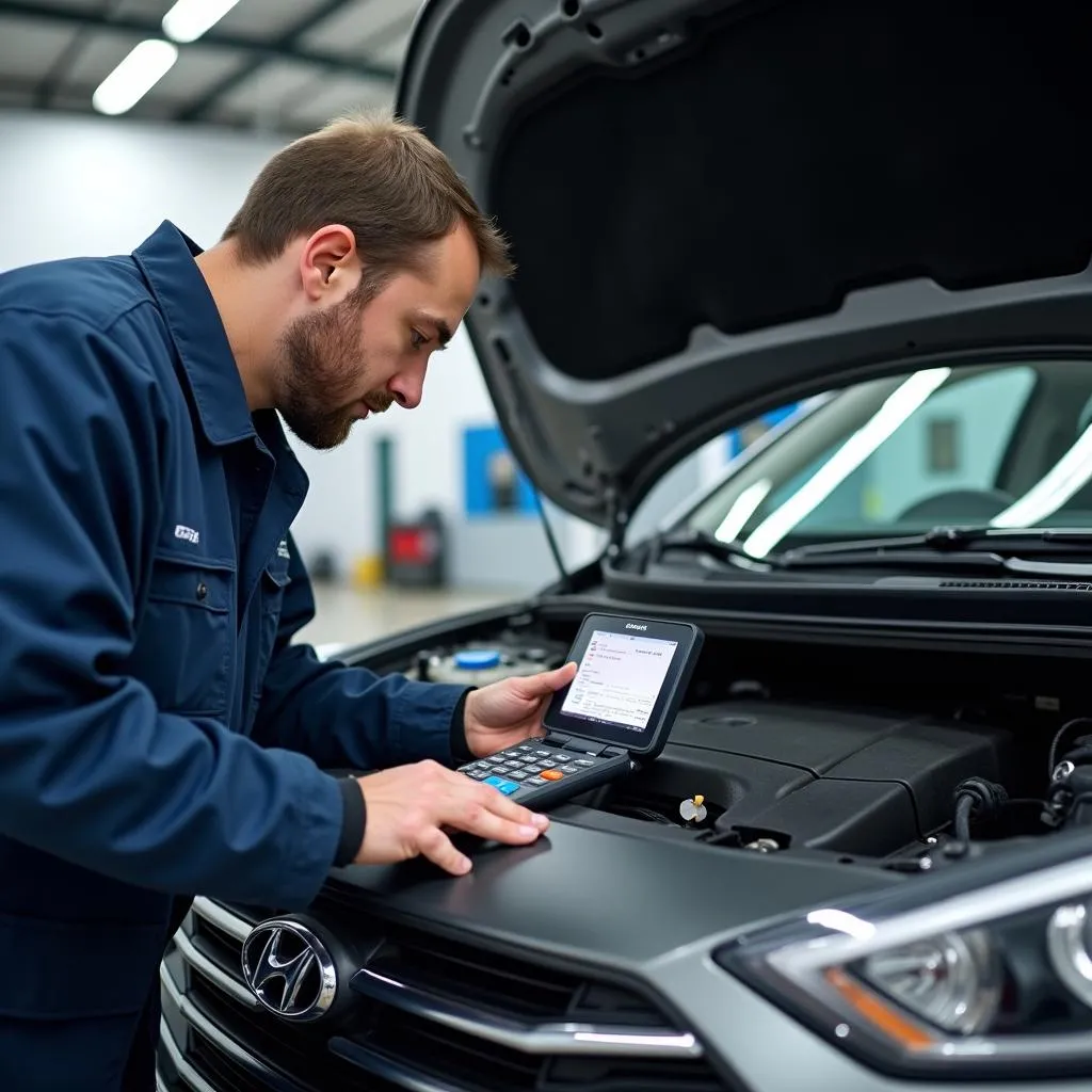 Mechanic using a diagnostic tool on a Hyundai car